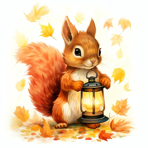 Squirrel with lantern in autumn woodland