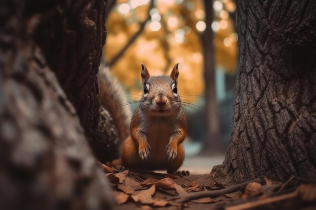 Squirrel with nut in forest Forest squirrel eats nut