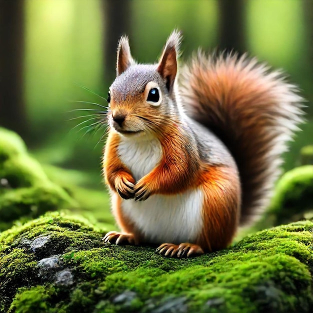 a squirrel with a red tail sits on a mossy log