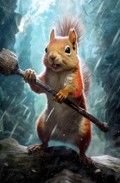 A squirrel with a staff in his hand holds a stick in the rain.