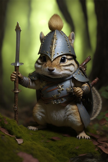 A squirrel with a sword in his hand