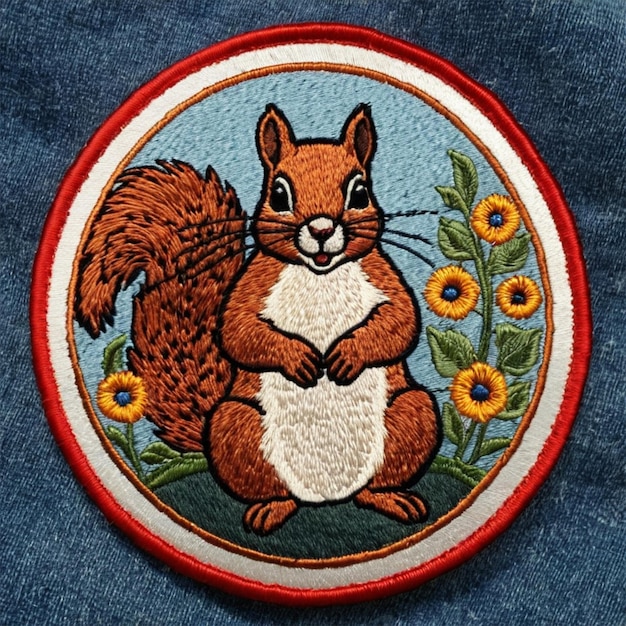 a squirrel with a white belly and a patch of flowers on it