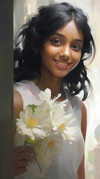 Sri Lankan Girl Flower Pose with Black Hair