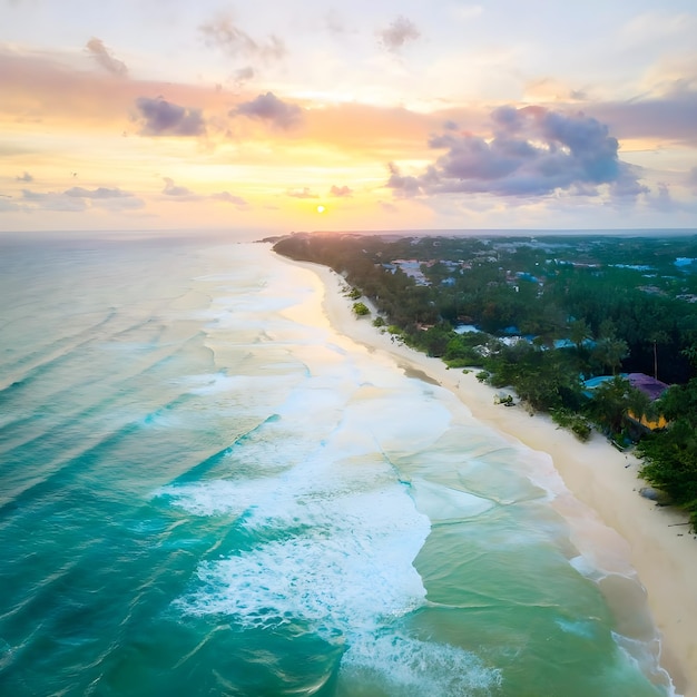 Sri Lankas sunset with ocean waves captured in a drone photo