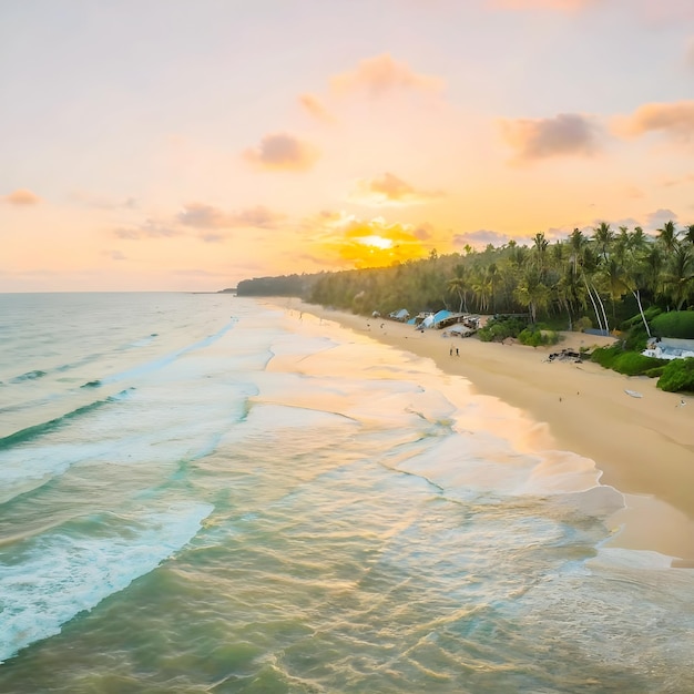 Sri Lankas sunset with ocean waves captured in a drone photo