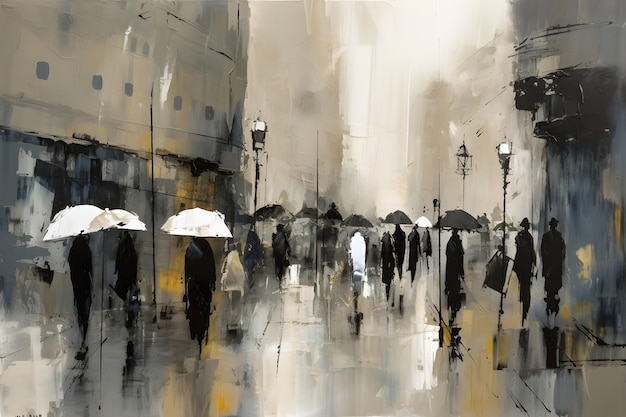 Srowd of people under umbrellas on the city street impressionism oil painting style ai generative