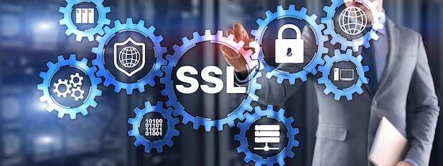 SSL Businessman pressing virtual screen Secure Sockets Layer concept Cryptographic protocols provide secured communications