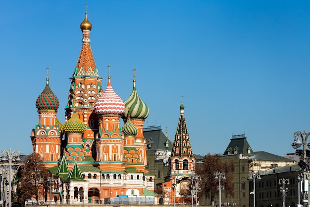 St. Basil's Cathedral  in Red square in sunny blue sky. Red square is Attractions popular's touris in Moscow, Russia,