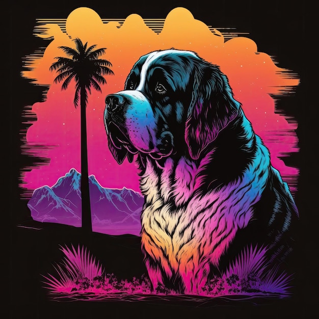 St Bernard Dog 80s Synthwave Detailed TShirt Vector Art with Vivid Colors Generative AI