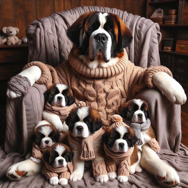 A St Bernard dog sitting in a chair with adorable puppies