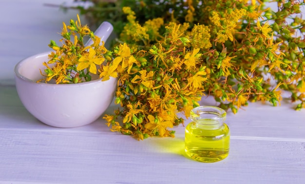 St John's wort flower oil in a glass bottle on a wooden background