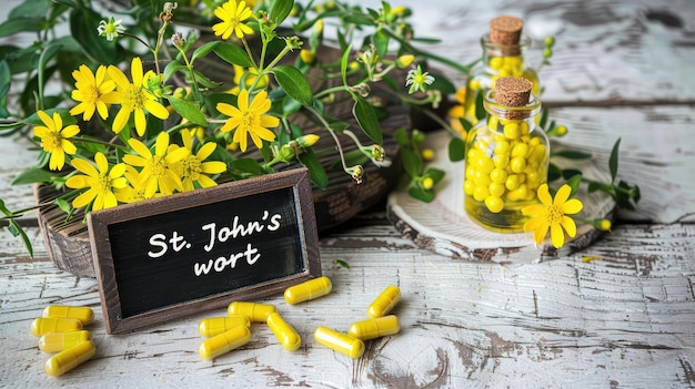 Photo st johns wort flowers capsules and supplements selective focus