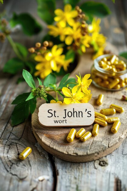 Photo st johns wort flowers capsules and supplements selective focus