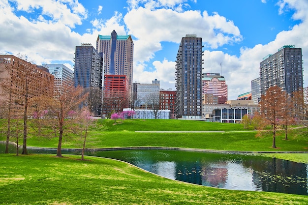 St Louis downtown next to park with pond in early spring