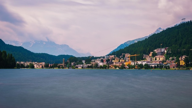 St Moritz with lake called St Moritzsee and Swiss Alps in Engadin Switzerland