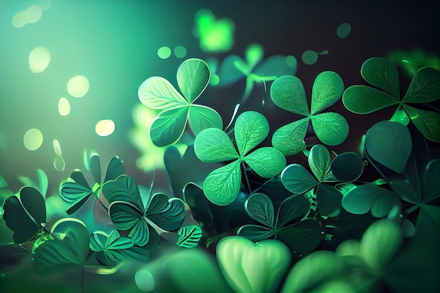 St Patrick Day abstract green background with clover leaves Generative ai