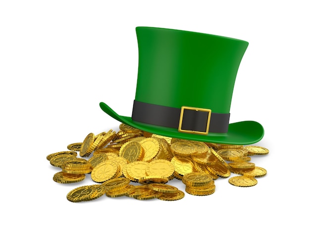 St Patrick day Green hat with money on white background Isolated 3D illustration