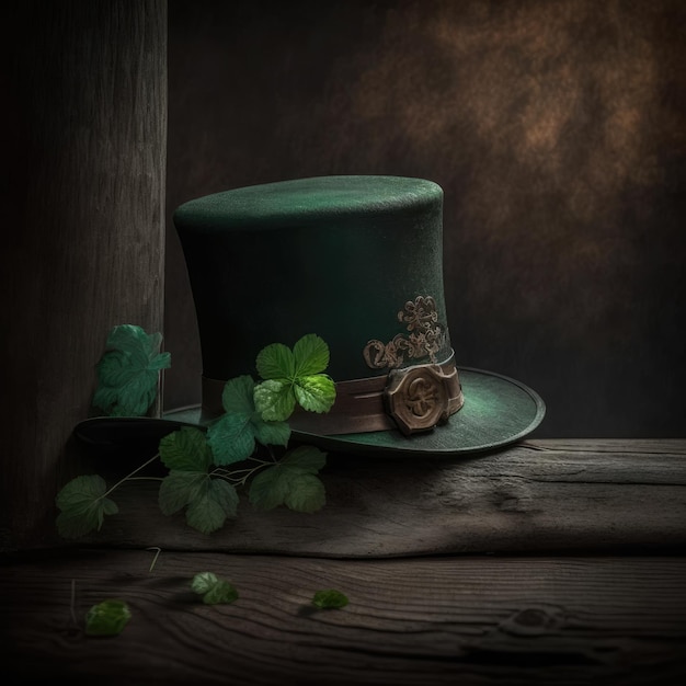 St. Patrick Day hat on a wooden table with lucky clovers