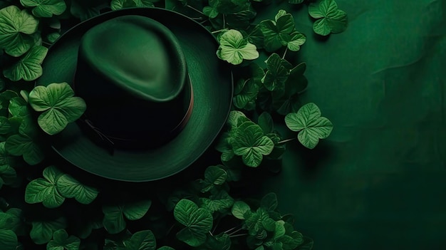 St Patrick's Background with green hat and green leaves on green pastel background