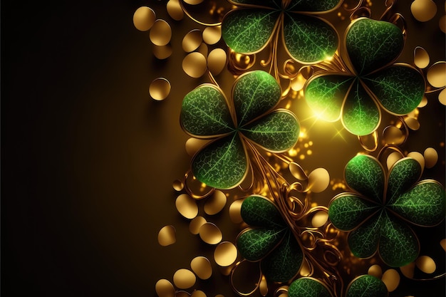 St Patrick's Day abstract dark background decorated with green and golden shamrock leaves Saint Patrick Day party celebrating Horizontal illustration Generative AI