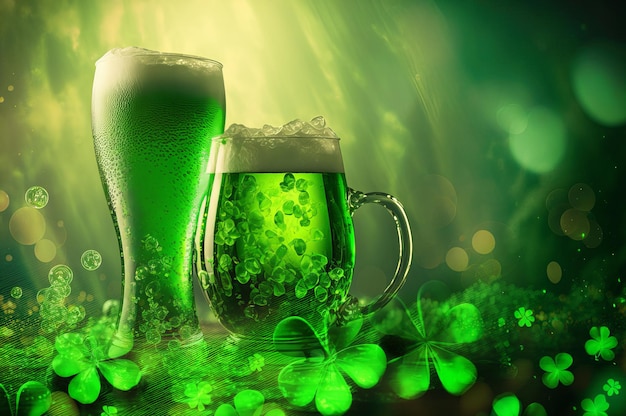 St Patrick's Day green beer with Shamrock and bstract green bokeh background for happy st patrick's day celebration background design