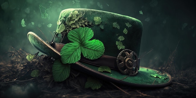 St. Patrick's Day in Style, Green Hat with a Shamrock Festive spirits design background digital art