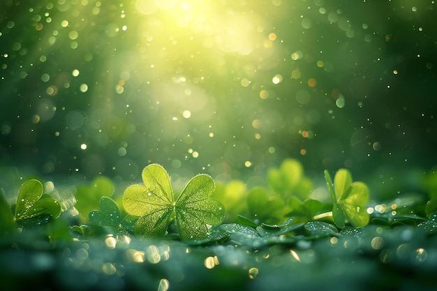 St Patricks Day background with clover leaves and water drops