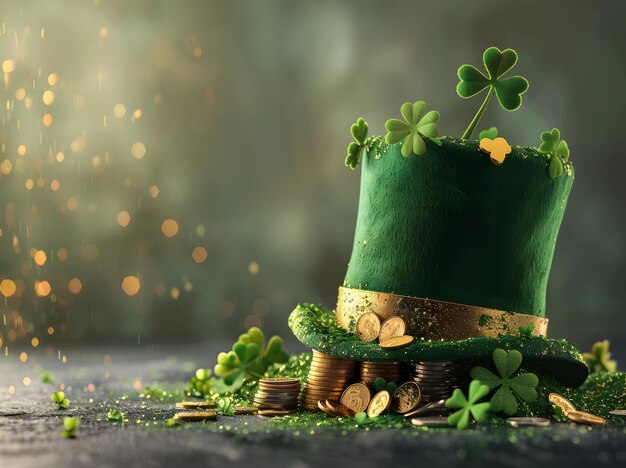 Photo st patricks day background with leprechaun hat clover leaves and gold coins