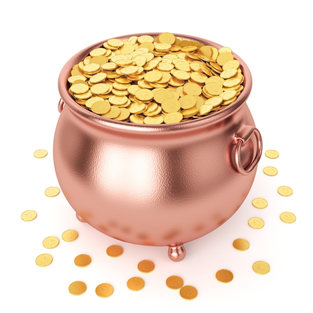 St Patricks day celebration concept. Copper pot with gold coins isolated on white background.