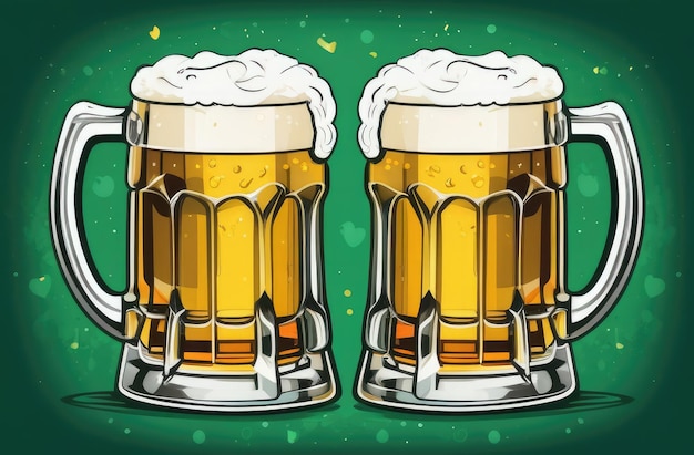 St Patricks day celebration greeting card illustration two frothy beer mugs on green background