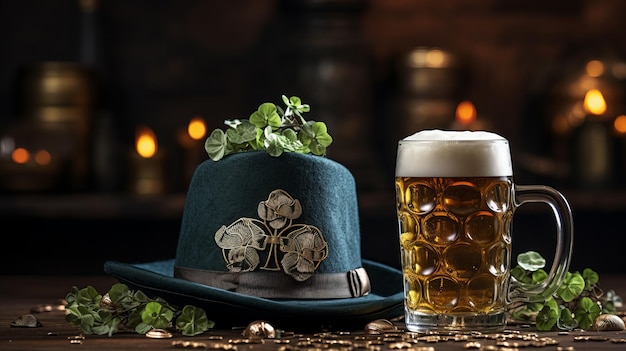 St Patricks Day Composition with Clover Beer Mug and Green Top Hat on Wooden Background closeup