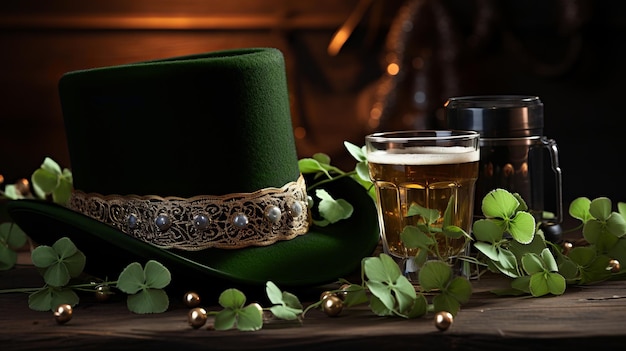 St Patricks Day Composition Wooden Background with Clover Beer and Green Top Hat