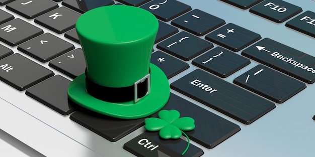 Photo st patricks day hat with four leaf clover on computer keyboard 3d illustration