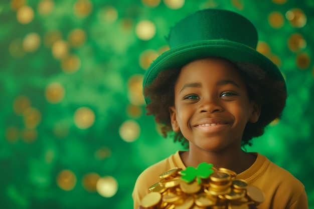 St Patricks Day Irish holiday culture and tradition African American Kid boy wearing green