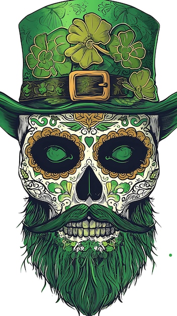 St Patricks Day Leprechaun Irish Sugar Skull Irish skull with clover Skull grunge vintage design