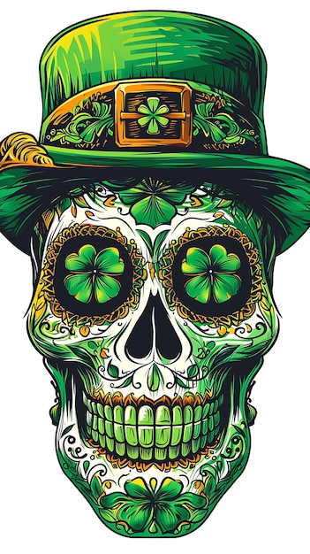 St Patricks Day Leprechaun Irish Sugar Skull Irish skull with clover Skull grunge vintage design