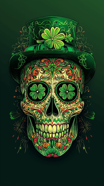 St Patricks Day Leprechaun Irish Sugar Skull Irish skull with clover Skull grunge vintage design