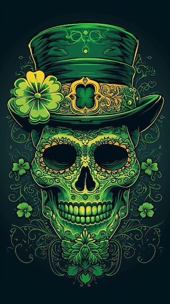 St Patricks Day Leprechaun Irish Sugar Skull Irish skull with clover Skull grunge vintage design