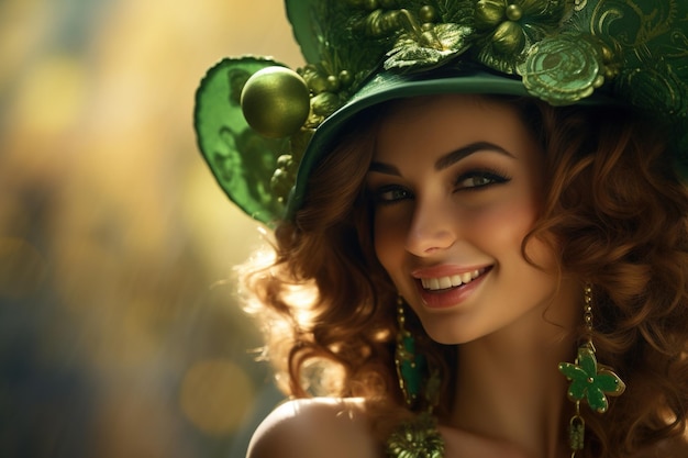 St Patricks Day Portrait of a beautiful young woman wearing a leprechaun hat