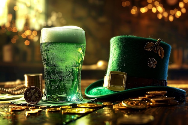 St Patricks Dayglass of green beer leprechaun hat gold and clover on a wooden table in a bar