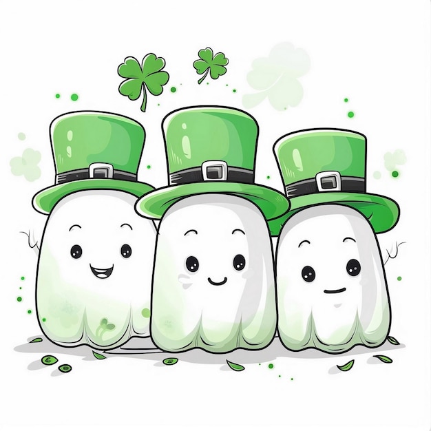 ST Patricks wallpaper three cute cartoon ghosts in line wearing green leprechaun hat AI generative