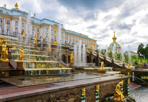 St Petersburg Russia August 12 2017 the Grand Cascade and the Grand Palace of the Palace and Park Ensemble in Peterhof