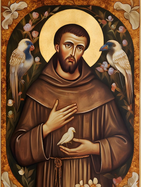 St Saint Francis of Assisi art painting illustration with birds Generative Ai