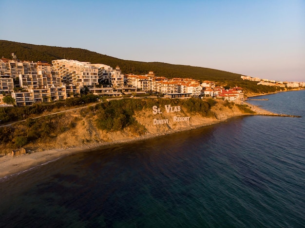 St Vlas Dinevi Resort lettering Sveti Vlas in Bulgaria Aerial photography drone view Summer holidays in Europe during quarantine