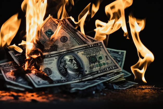 A stack of 100 dollar bills is burning in a fire.