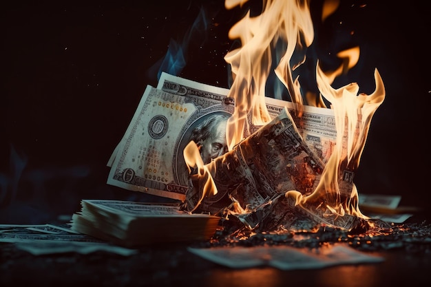 A stack of 100 dollar bills is burning in a fire.