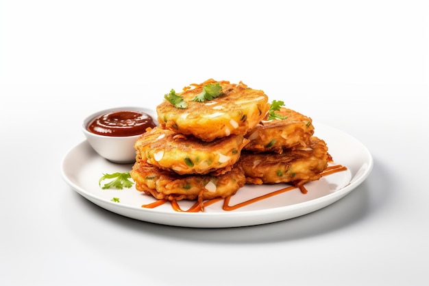 Stack of aloo tikki on plate with a white background