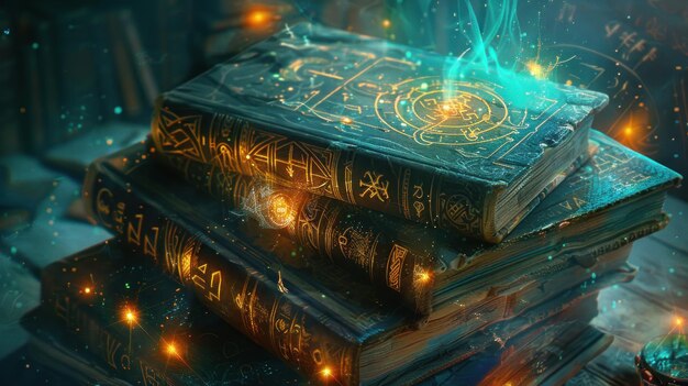 Photo stack of ancient books with glowing magic symbols and light emitting from top book