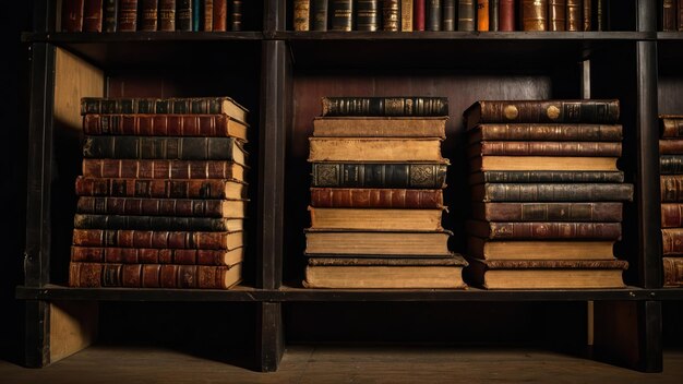 A stack of ancient books on a wooden shelf in a dimly lit library exuding historical charm