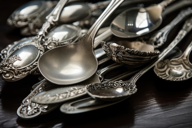 Stack of antique silver spoons each one different created with generative ai